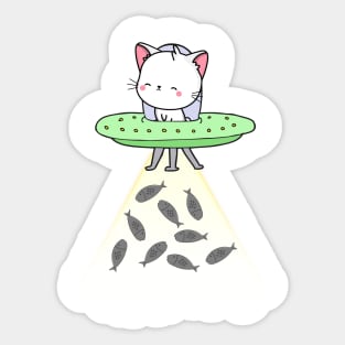 Funny white Cat is flying a spaceship Sticker